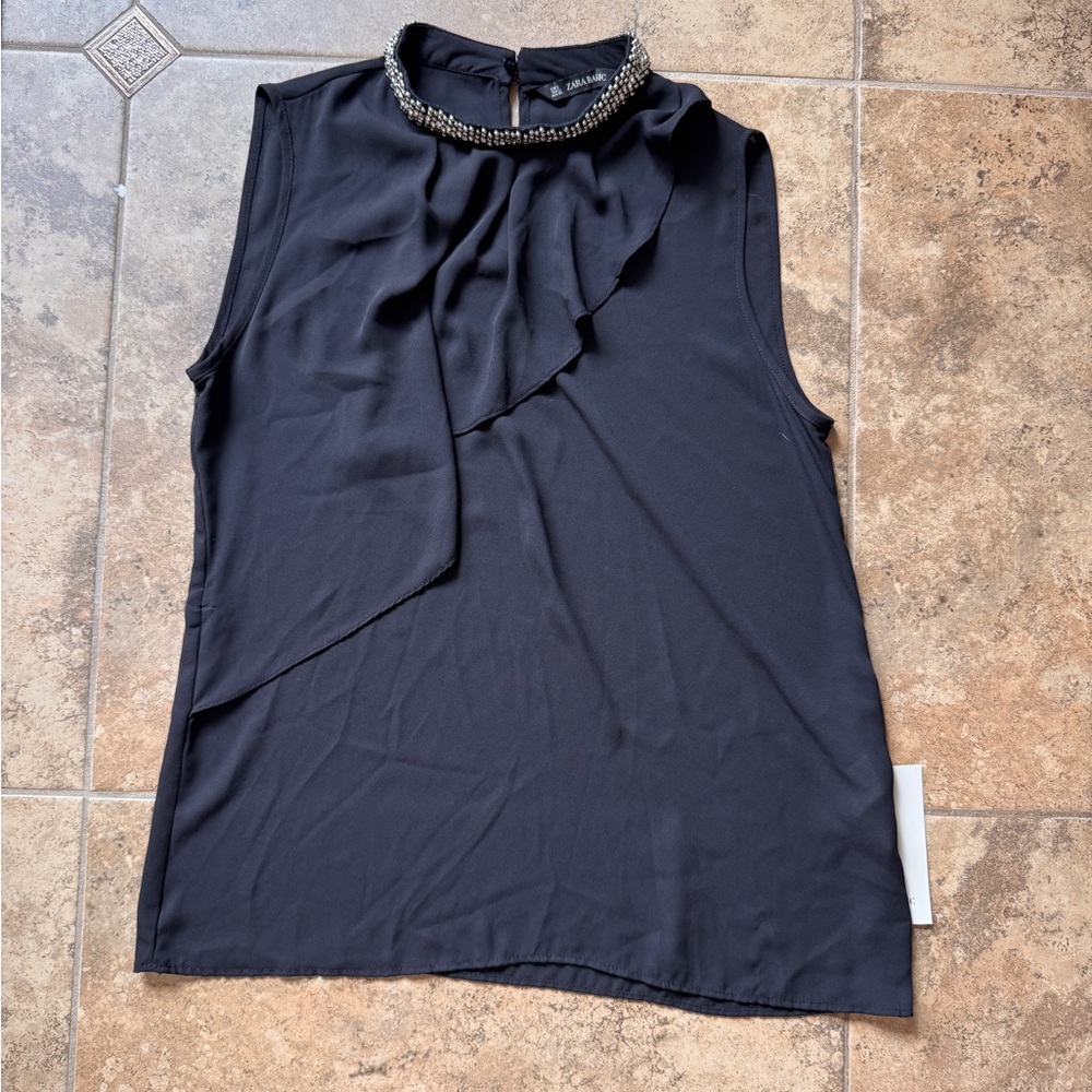 Zara Black Embellished Ruffled Blouse with Mandarin Collar